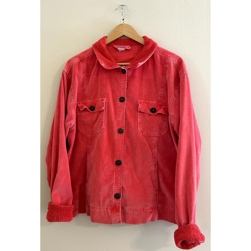 Vintage 80s Hot Pink Corduroy Button Shacket Faux Fur Collar Sleeves Women's XL